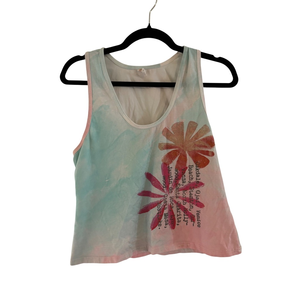 Daily Practice by Anthropologie Tie Dye Floral Graphic Tank Top Blue Pink L